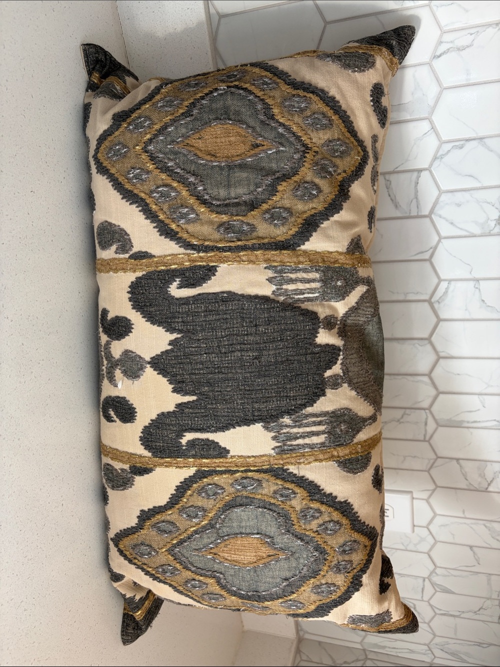 Pottery Barn Embroidered Pillow in Cream, Gray, and Gold